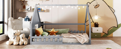 Full Size Gray Wood Bed Frame with Window and Fence for Bedroom