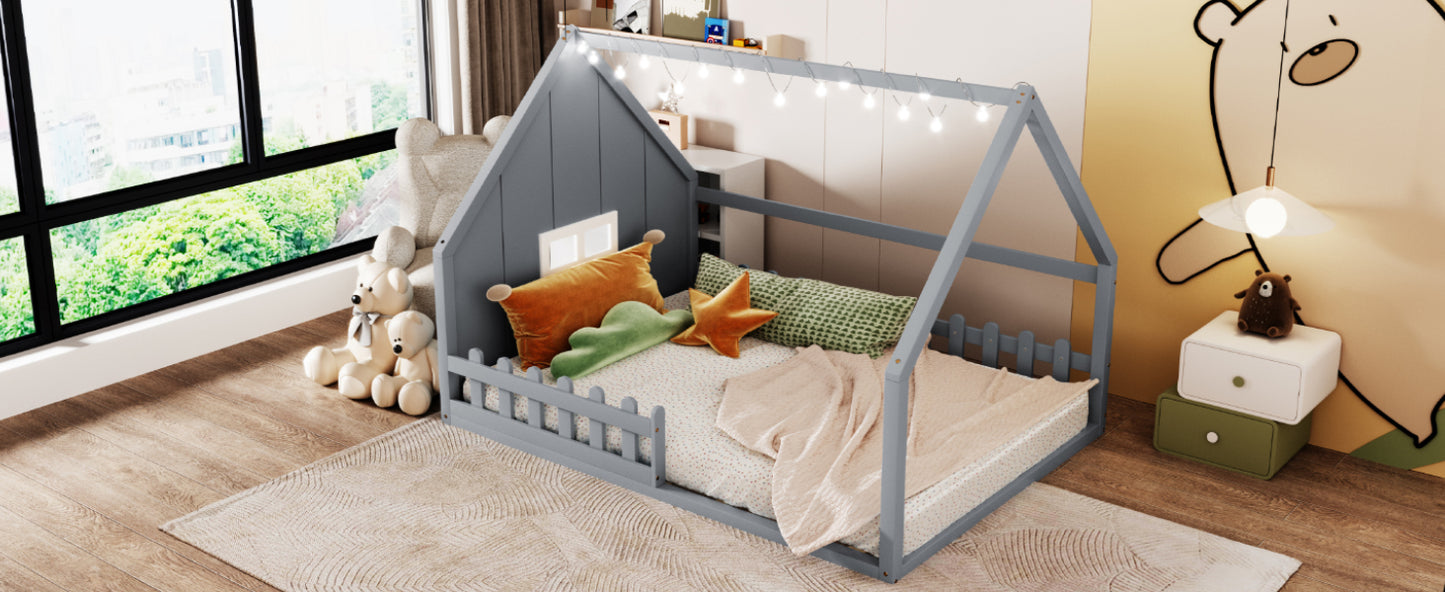 Full Size Gray Wood Bed Frame with Window and Fence for Bedroom