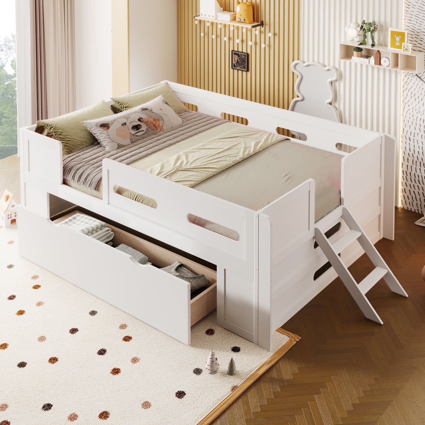 Full Size White Platform Bed - Guardrail & Drawer
