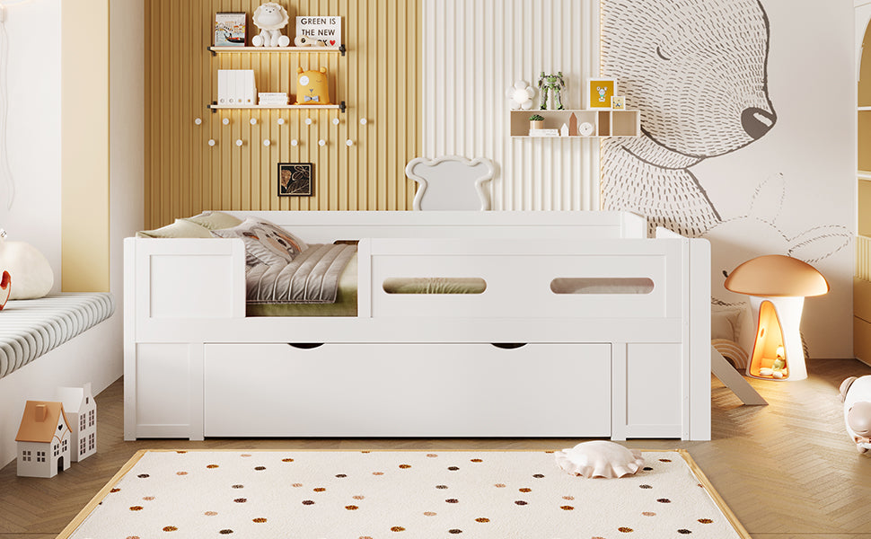 Full Size White Platform Bed - Guardrail & Drawer