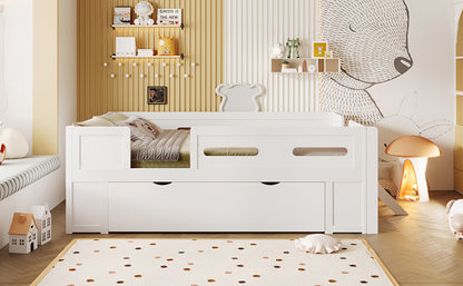 Full Size White Platform Bed - Guardrail & Drawer