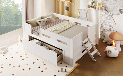 Full Size White Platform Bed - Guardrail & Drawer
