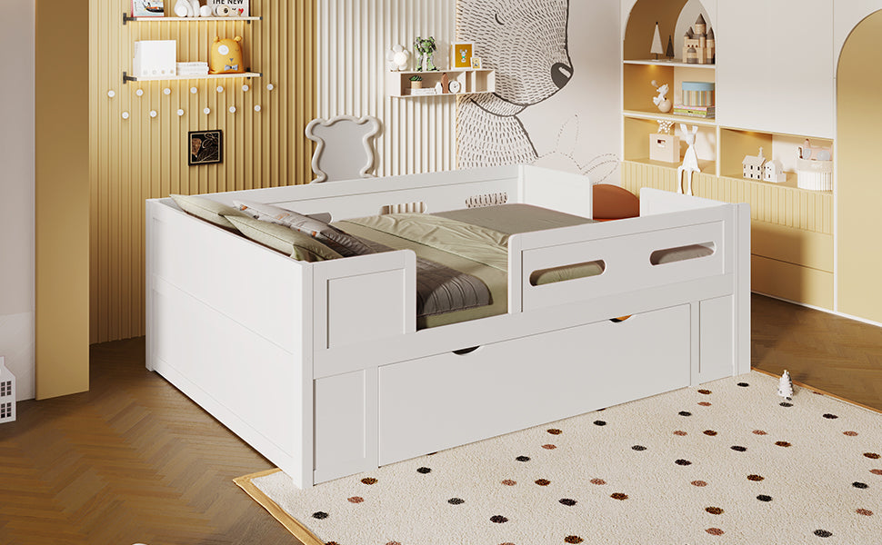 Full Size White Platform Bed - Guardrail & Drawer