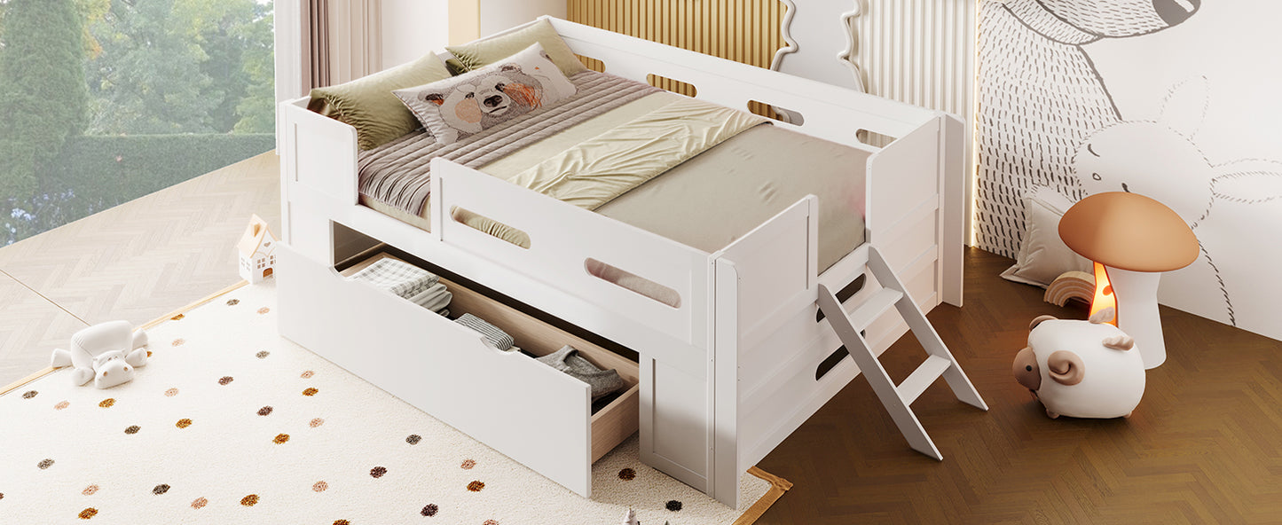 Full Size White Platform Bed - Guardrail & Drawer