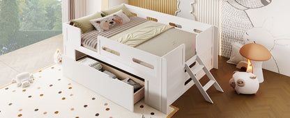 Full Size White Platform Bed - Guardrail & Drawer