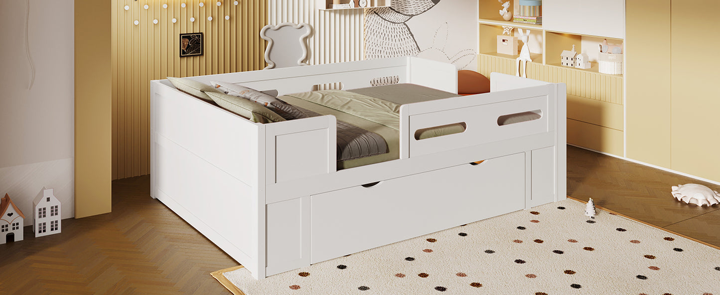 Full Size White Platform Bed - Guardrail & Drawer