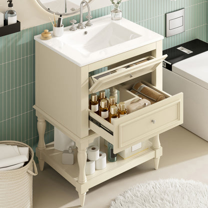 Beige Bathroom Vanity with Ceramic Sink - 24" Storage Cabinet