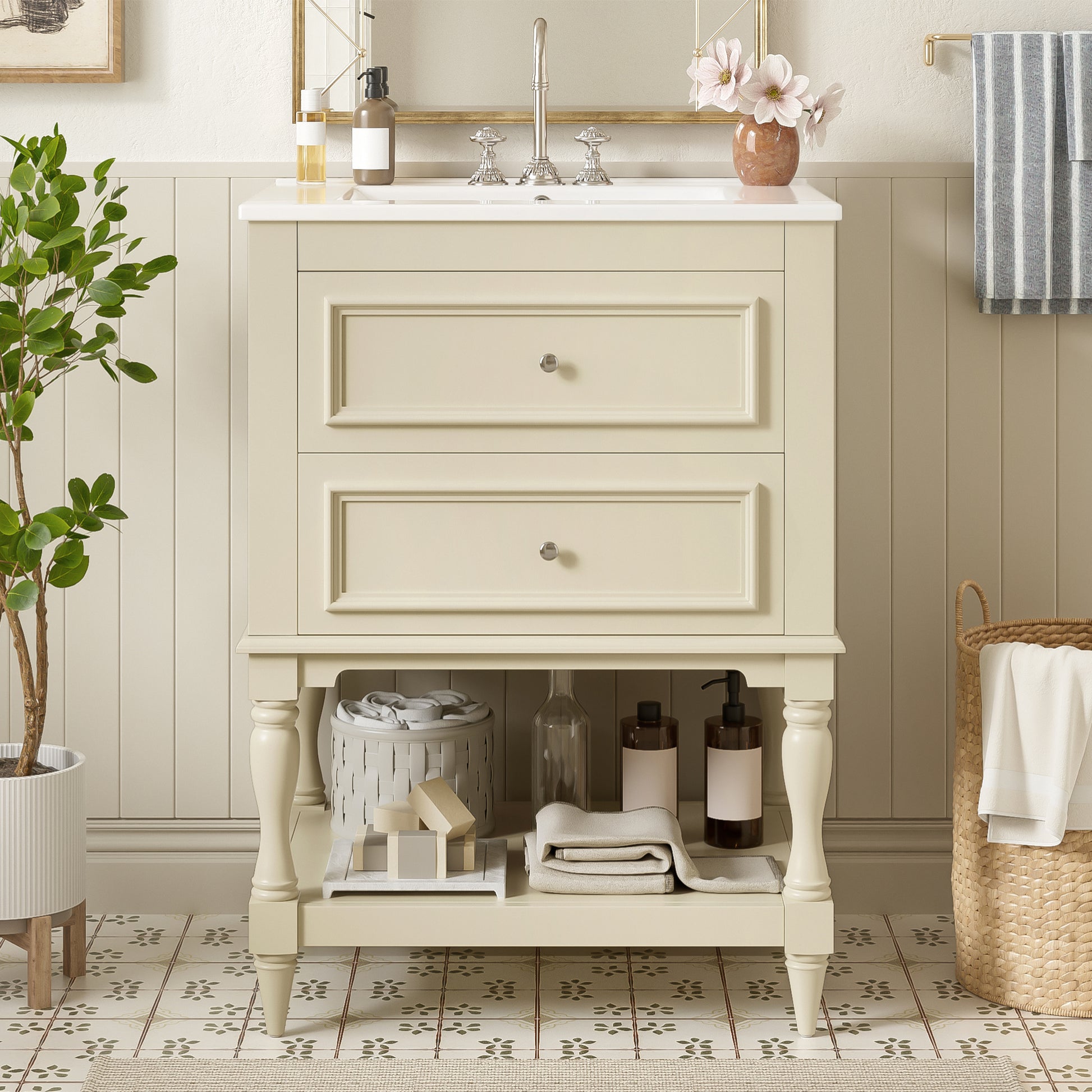 Beige Bathroom Vanity with Ceramic Sink - 24" Storage Cabinet