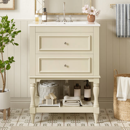 Beige Bathroom Vanity with Ceramic Sink - 24" Storage Cabinet