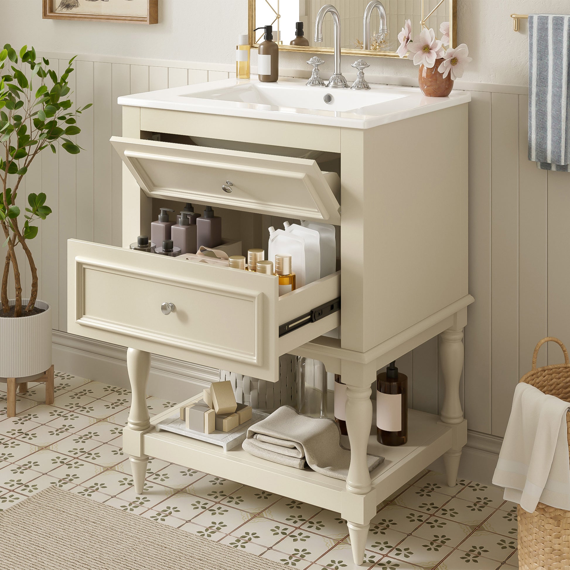Beige Bathroom Vanity with Ceramic Sink - 24" Storage Cabinet