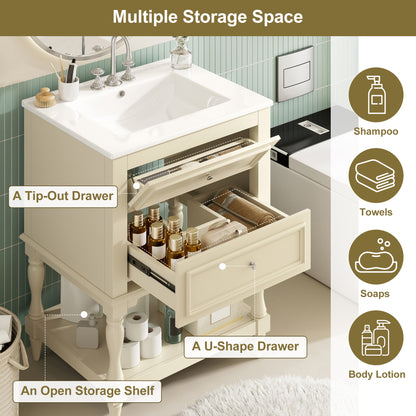 Beige Bathroom Vanity with Ceramic Sink - 24" Storage Cabinet