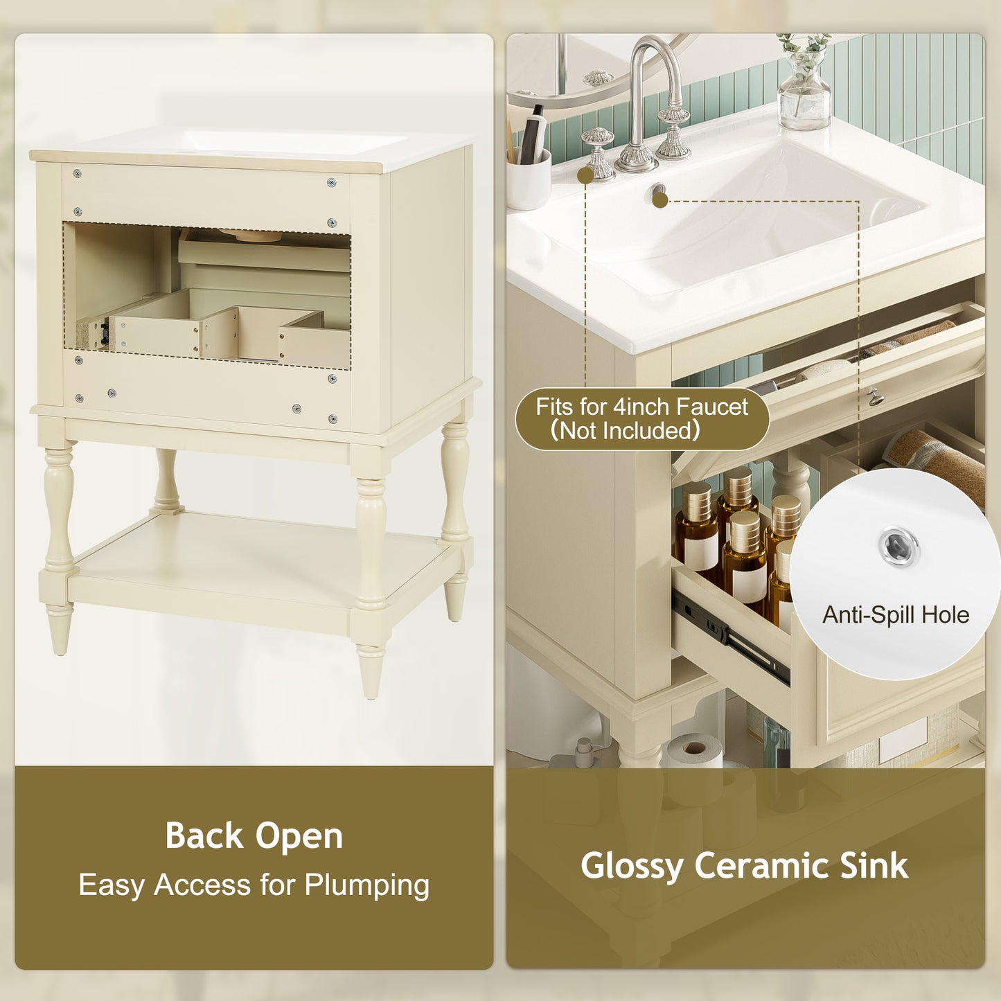 Beige Bathroom Vanity with Ceramic Sink - 24" Storage Cabinet