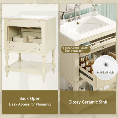 Beige Bathroom Vanity with Ceramic Sink - 24" Storage Cabinet