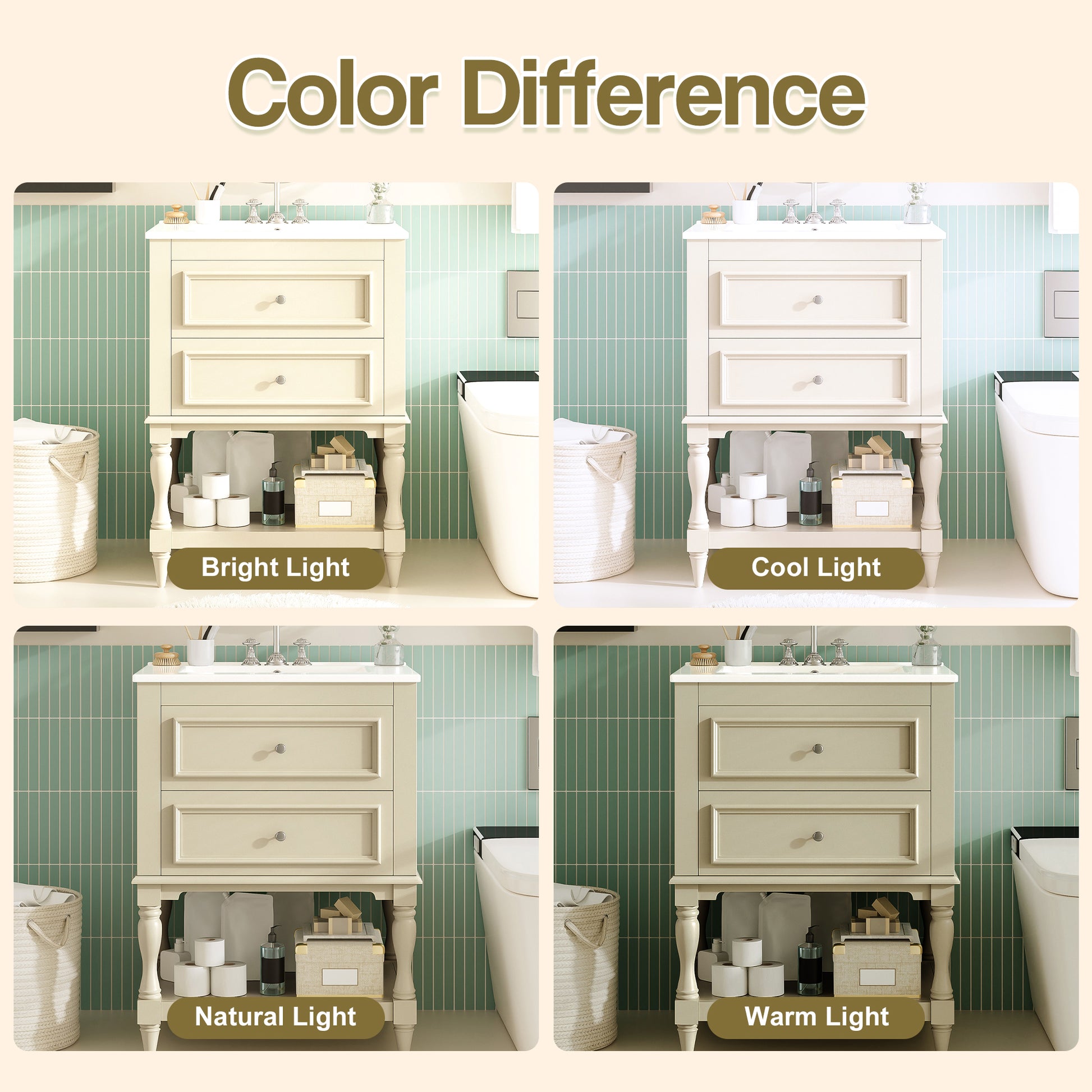 Beige Bathroom Vanity with Ceramic Sink - 24" Storage Cabinet