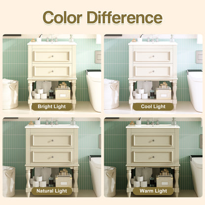Beige Bathroom Vanity with Ceramic Sink - 24" Storage Cabinet
