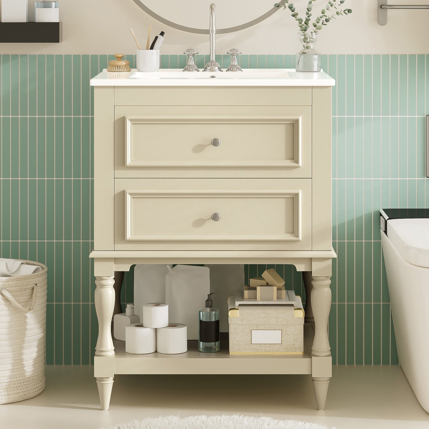 24'' Bathroom Vanity with Ceramic Sink, Bathroom Storage Cabinet with Open Shelf , Retro Design Bathroom Cabinet with 2 Drawers