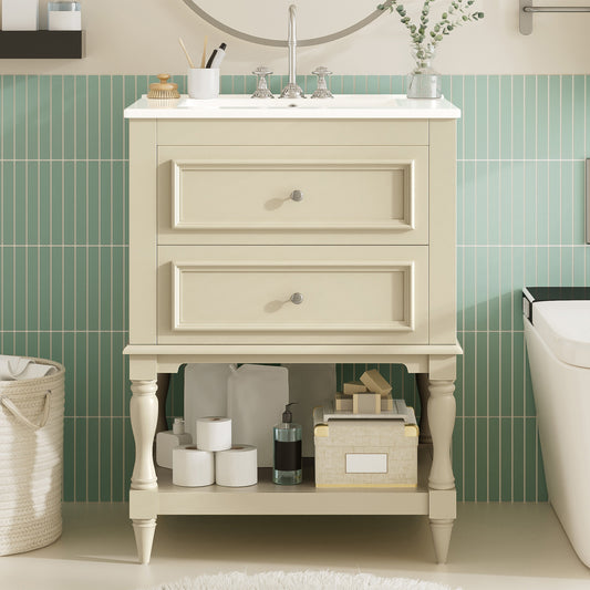 24'' Bathroom Vanity with Ceramic Sink, Bathroom Storage Cabinet with Open Shelf , Retro Design Bathroom Cabinet with 2 Drawers