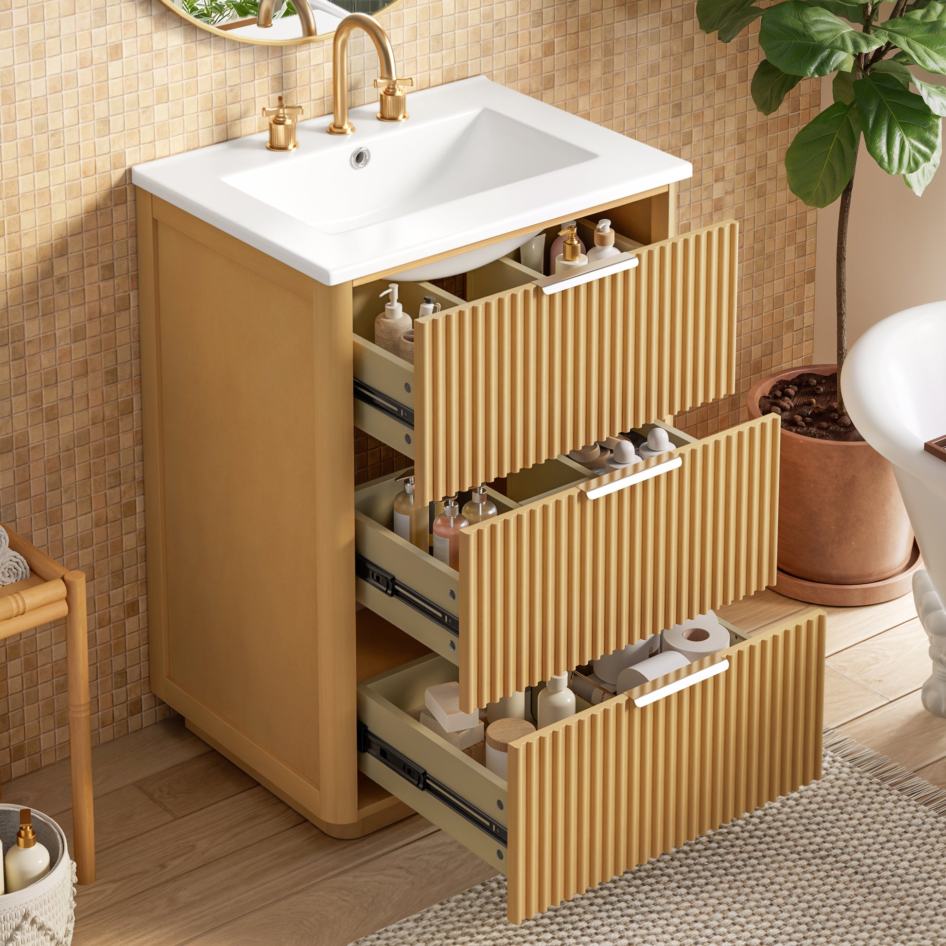24 Inch Bathroom Vanity Natural Wood Ceramic Sink Storage