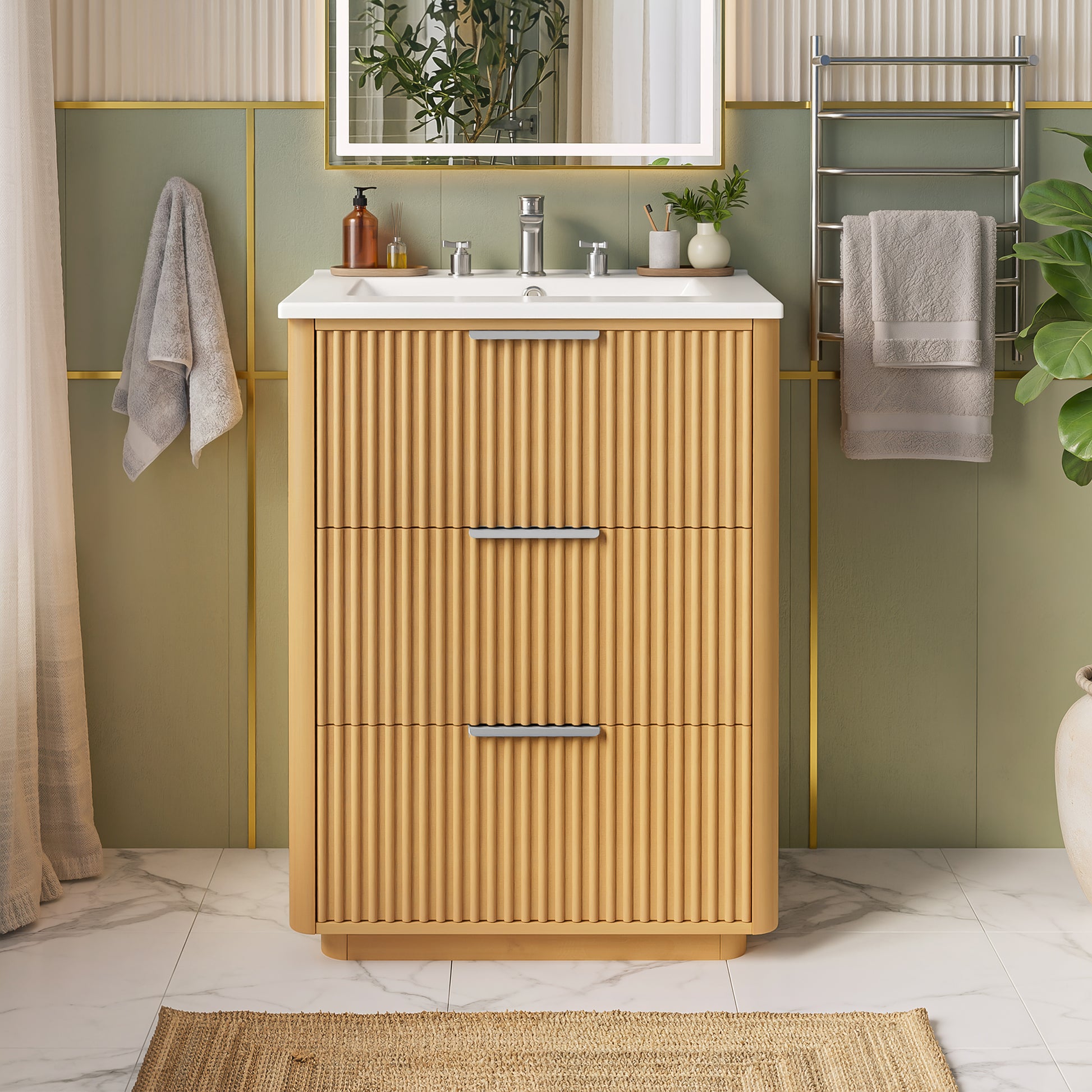 24 Inch Bathroom Vanity Natural Wood Ceramic Sink Storage