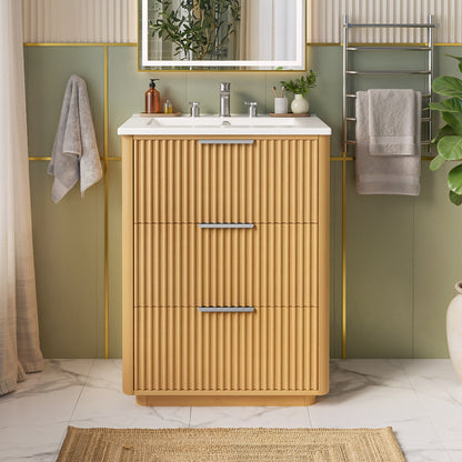 24 Inch Bathroom Vanity Natural Wood Ceramic Sink Storage