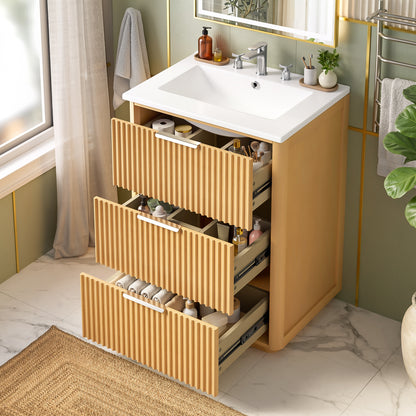 24 Inch Bathroom Vanity Natural Wood Ceramic Sink Storage