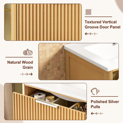 24 Inch Bathroom Vanity Natural Wood Ceramic Sink Storage