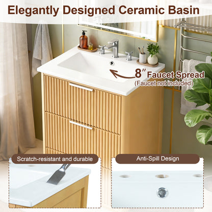 24 Inch Bathroom Vanity Natural Wood Ceramic Sink Storage