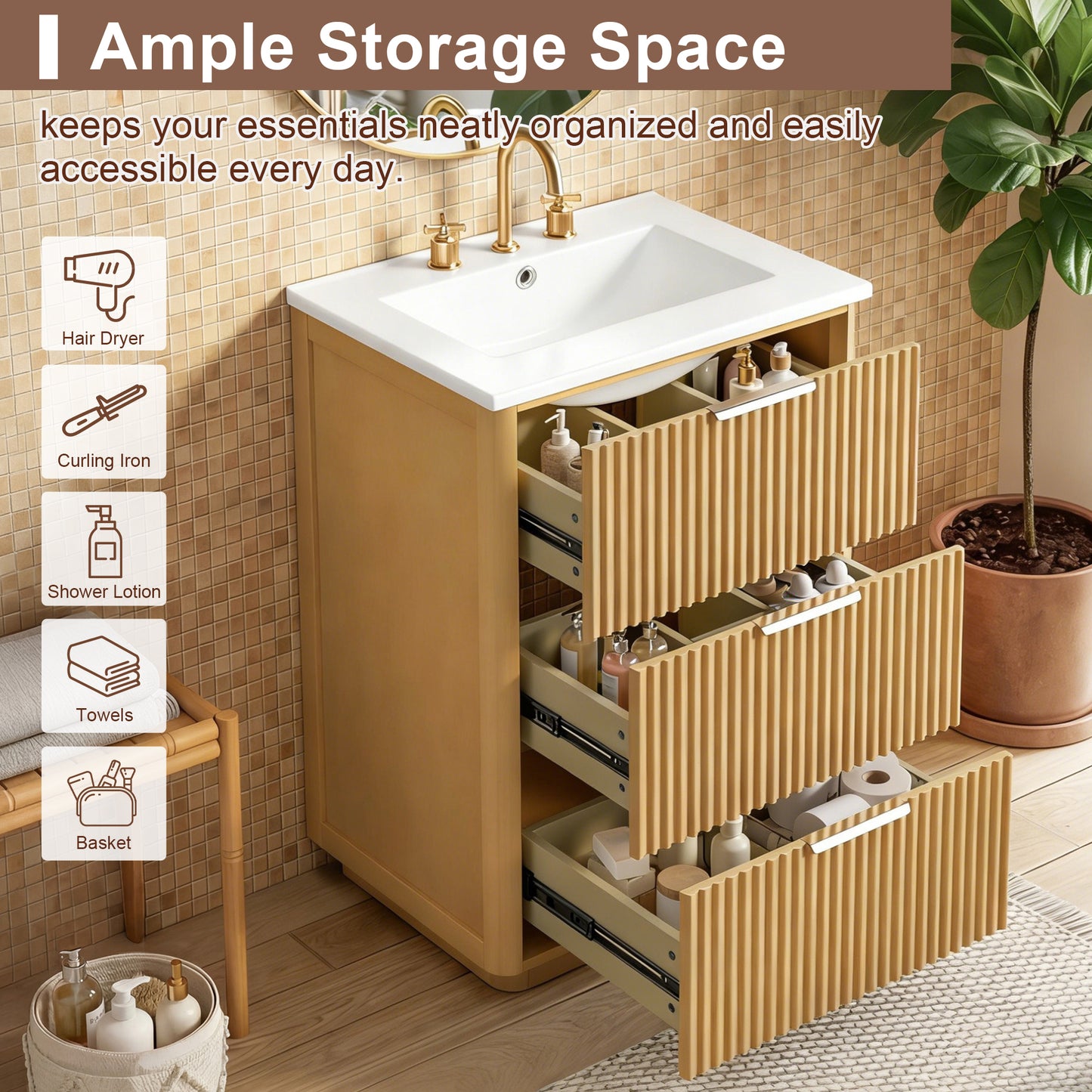 24 Inch Bathroom Vanity Natural Wood Ceramic Sink Storage