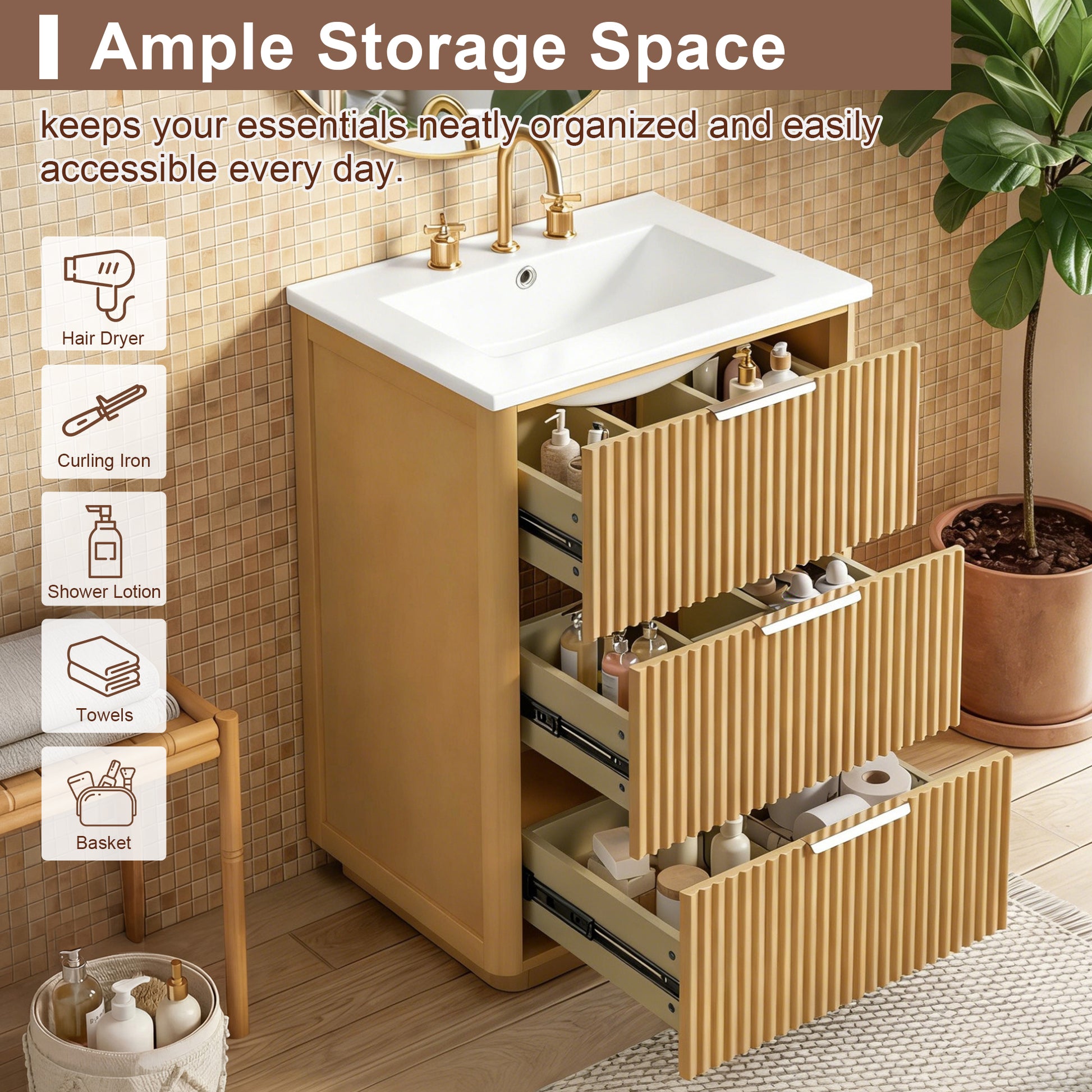 24 Inch Bathroom Vanity Natural Wood Ceramic Sink Storage