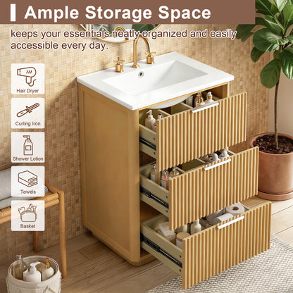 24 Inch Bathroom Vanity Natural Wood Ceramic Sink Storage