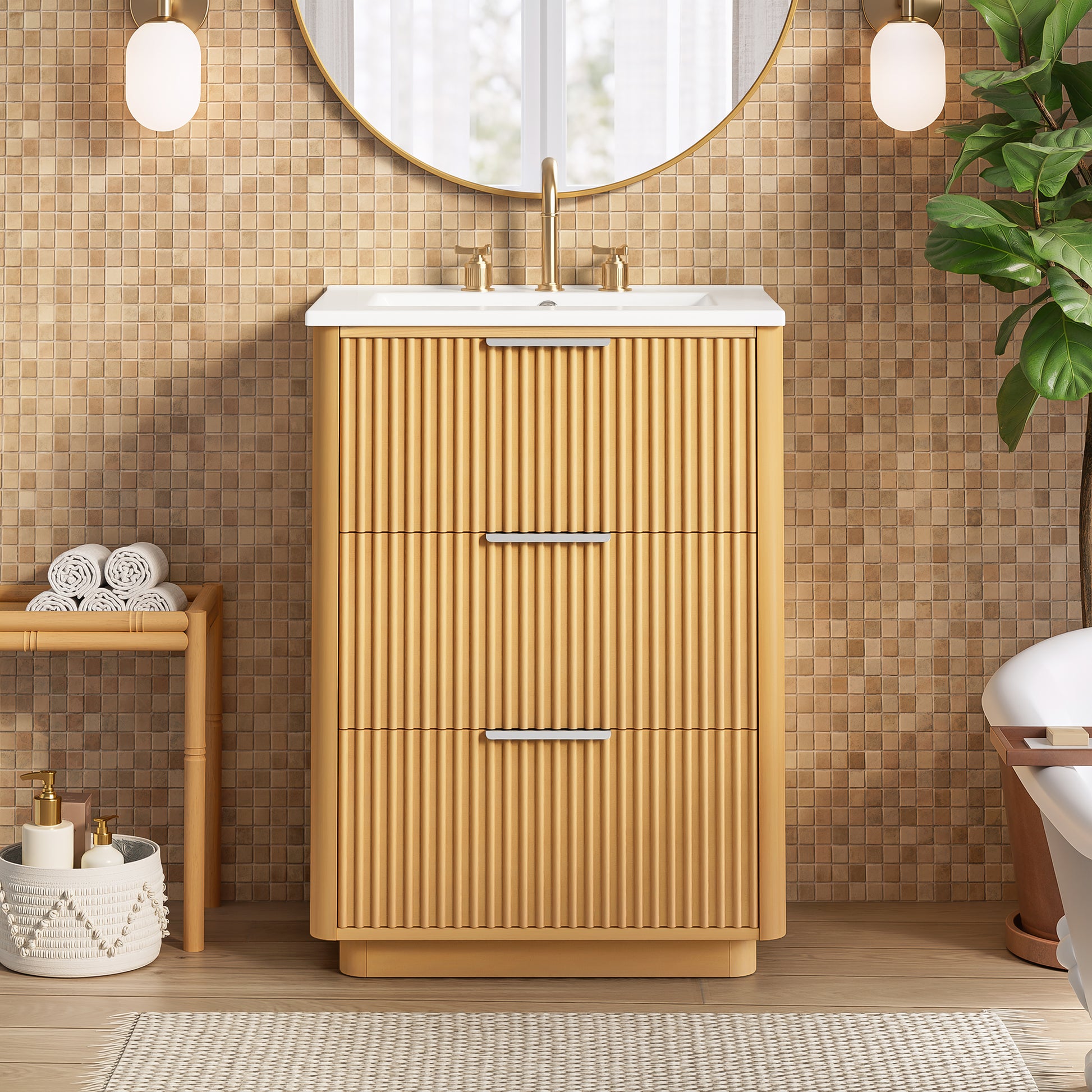 24 inch Modern Luxury Bathroom Vanity with Ceramic Sink, Bathroom Cabinet with Open Shelf and Closed Storage