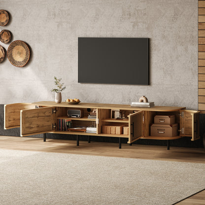 70-80 Inch TV Stand with Rattan Doors - Natural Wood Media Console for Living Room