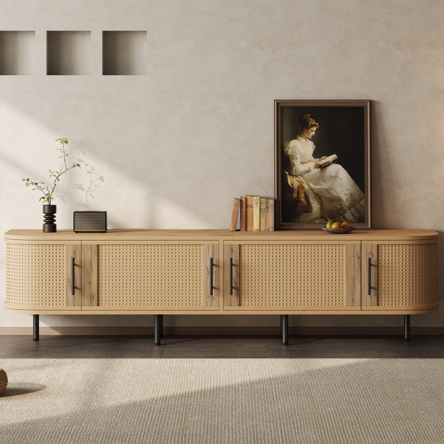 70-80 Inch TV Stand with Rattan Doors - Natural Wood Media Console for Living Room