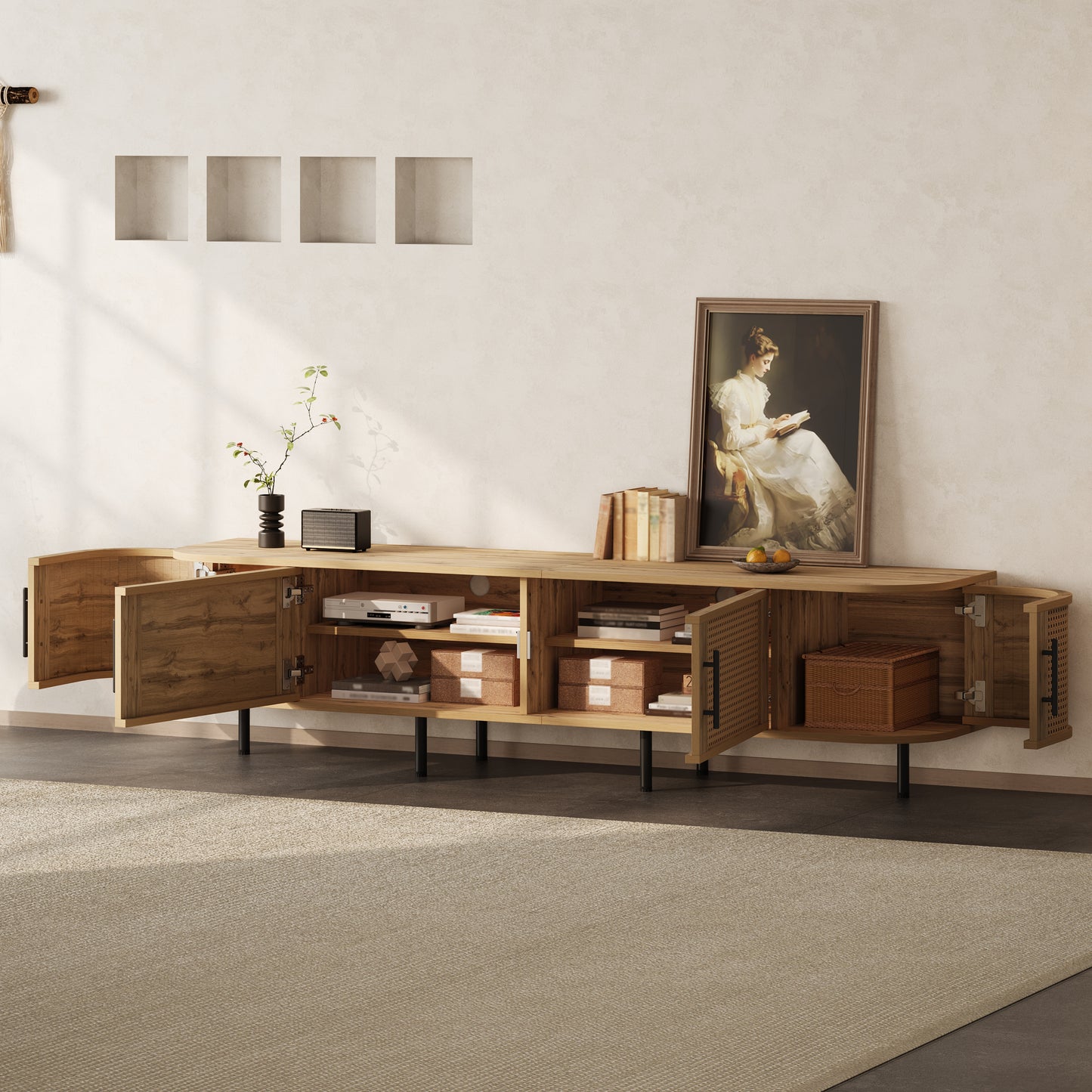 70-80 Inch TV Stand with Rattan Doors - Natural Wood Media Console for Living Room