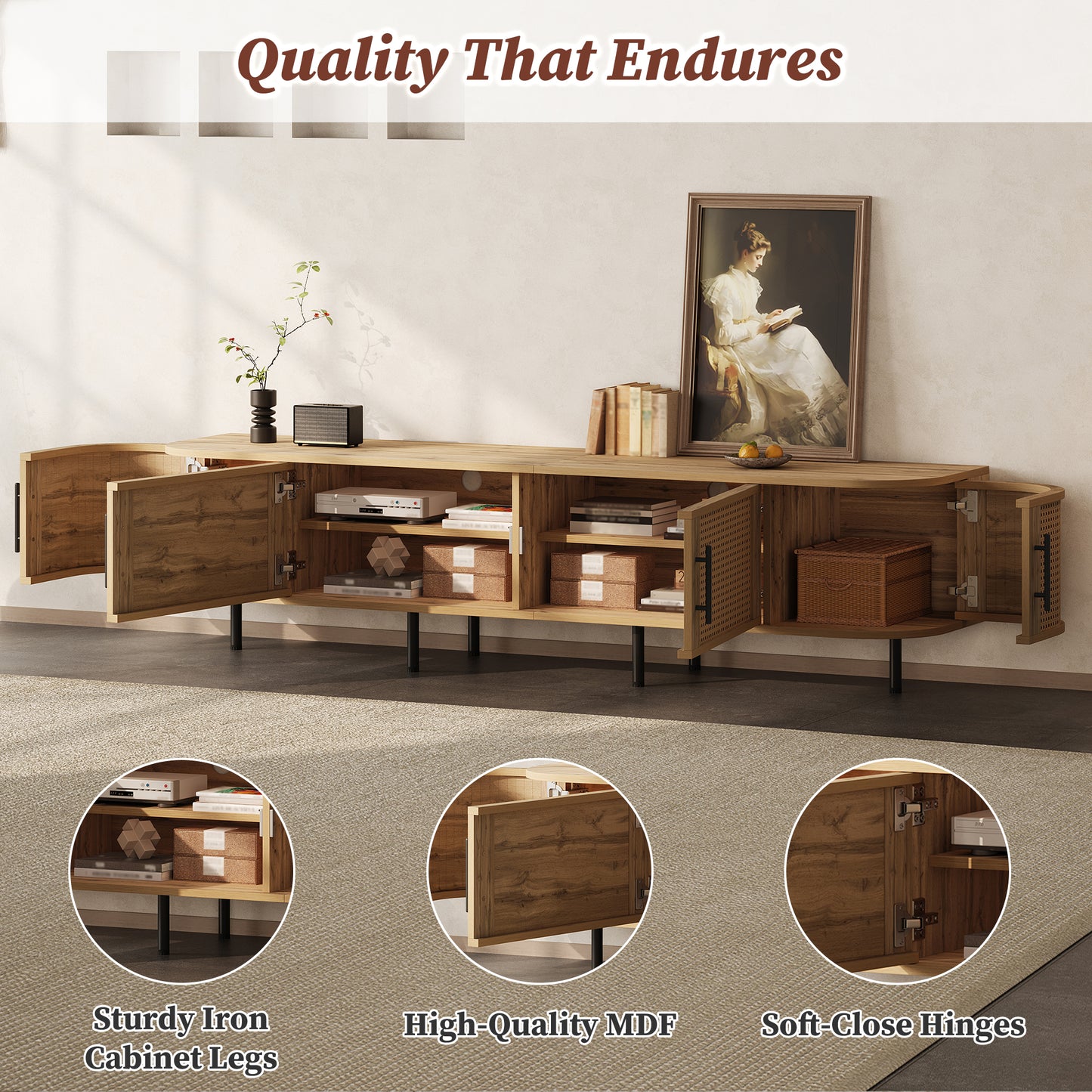 70-80 Inch TV Stand with Rattan Doors - Natural Wood Media Console for Living Room