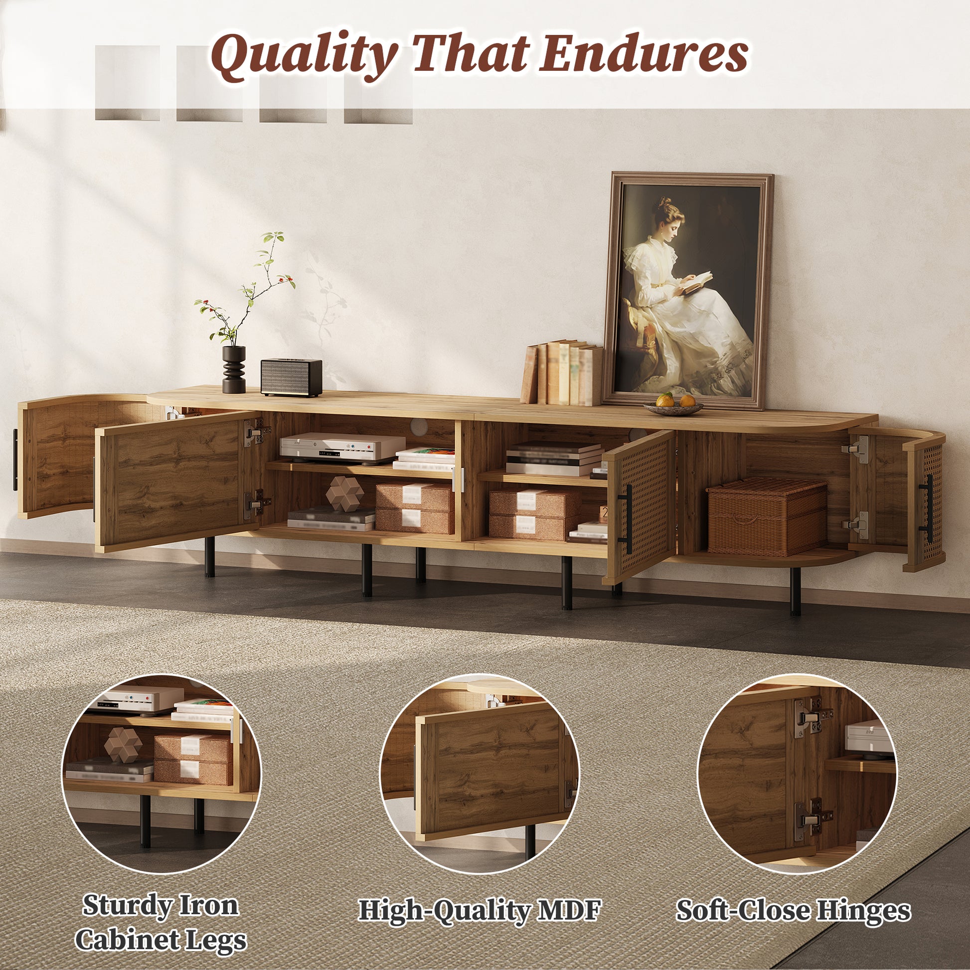 70-80 Inch TV Stand with Rattan Doors - Natural Wood Media Console for Living Room