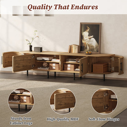 70-80 Inch TV Stand with Rattan Doors - Natural Wood Media Console for Living Room