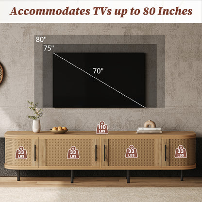 70-80 Inch TV Stand with Rattan Doors - Natural Wood Media Console for Living Room