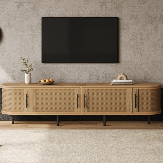 70inch Modern TV Stand with Rattan Doors for TVs up to 80", Media Console with Storage Space & Cable Holes, Entertainment Center for Living Room