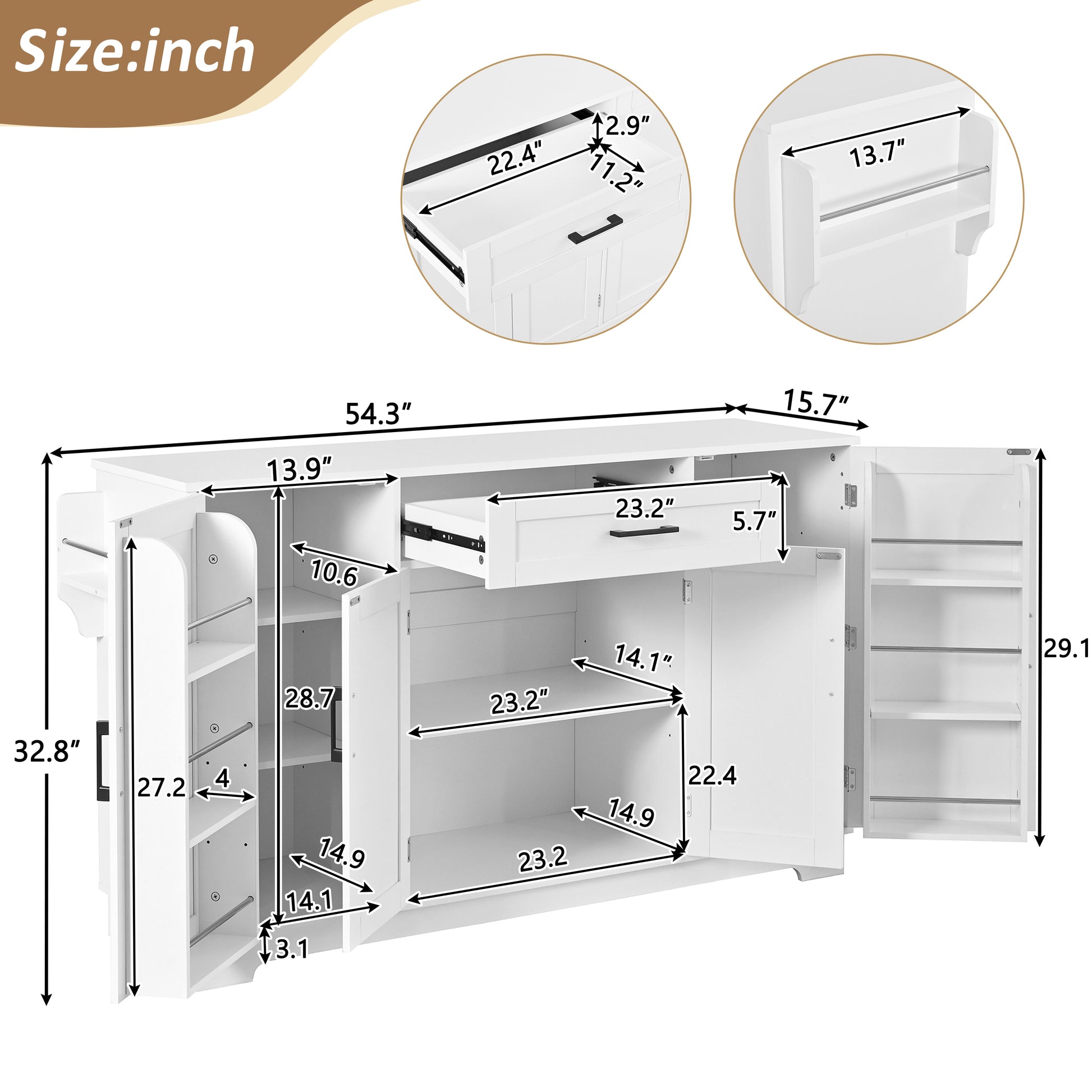 U-STYLE Sideboard Buffet Cabinet - 54.3" White MDF Storage