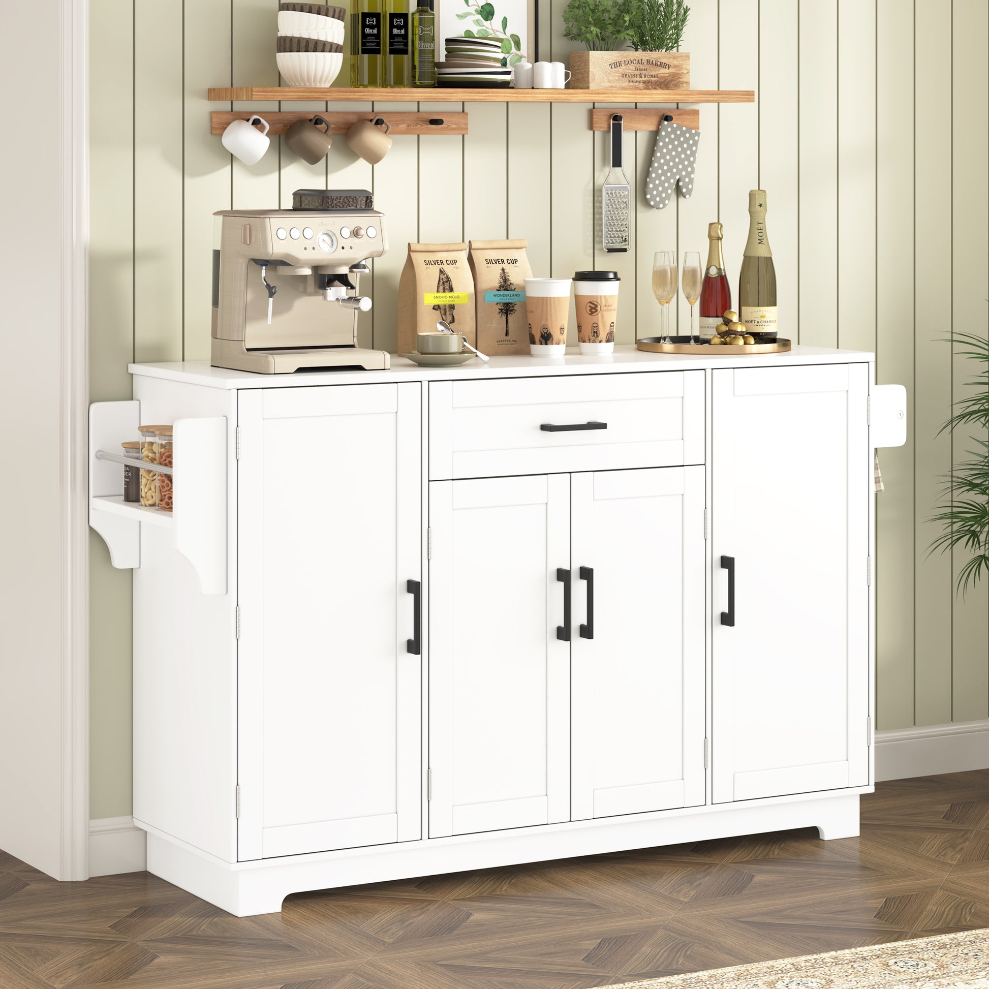 U_STYLE 54.3" Sideboard Buffet Cabinet with Storage, 4 Doors & 1 Drawer, Melamine MDF Kitchen Storage with Adjustable Shelves, Aluminum Alloy Handles, Side Shelves & Hanging Rod for Dining Room