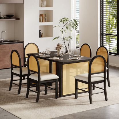 TREXM 7-Piece Farmhouse Dining Table Set for 6 - 59.8" Rectangular Dining Table with Distressed Oak Veneer and 6 Rattan Chairs, Rustic Kitchen Furniture for Dining Room(Espresso)