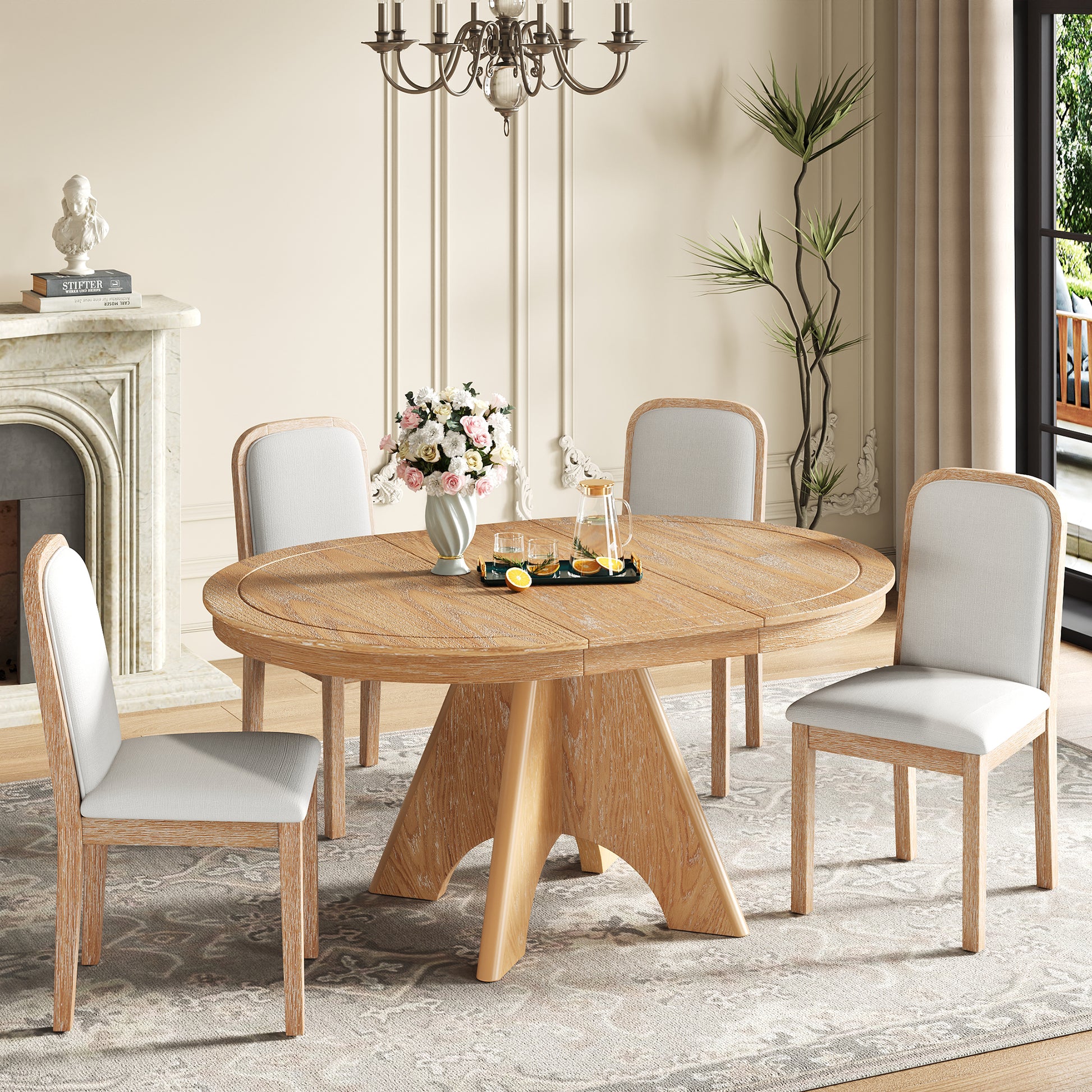 TREXM Vintage Extendable Dining Table Set for 4-6 with 4 Upholstered Chairs, 42 to 58-Inch Rustic Farmhouse Kitchen Table Set with Distressed Finish for Dining Room and Kitchen (Natural Wood Wash)