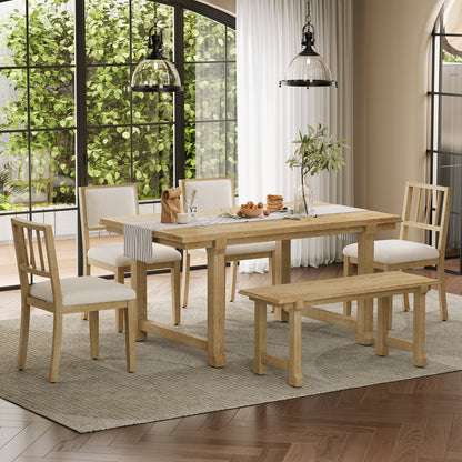 TREXM 6-Piece Farmhouse Dining Set for 6, Kitchen & Dining Room Sets with Solid Wood Legs and Frame, Ergonomic Dual-Style Chairs, Ideal for Kitchen & Dining Room (Natural Wood Wash+ Beige )