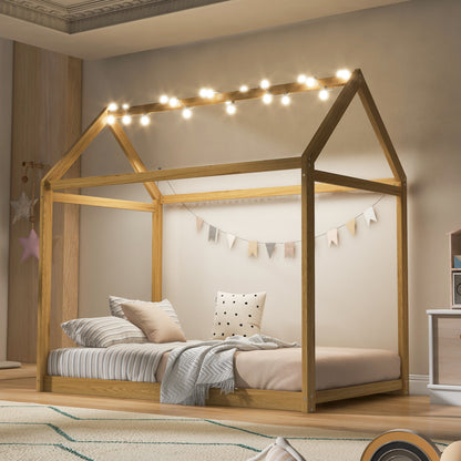 Twin Size Wooden House Bed, Wood Color