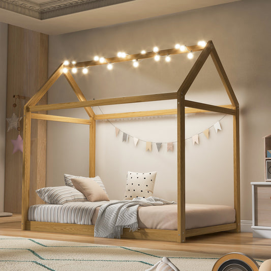 Twin Size Wooden House Bed, Wood Color