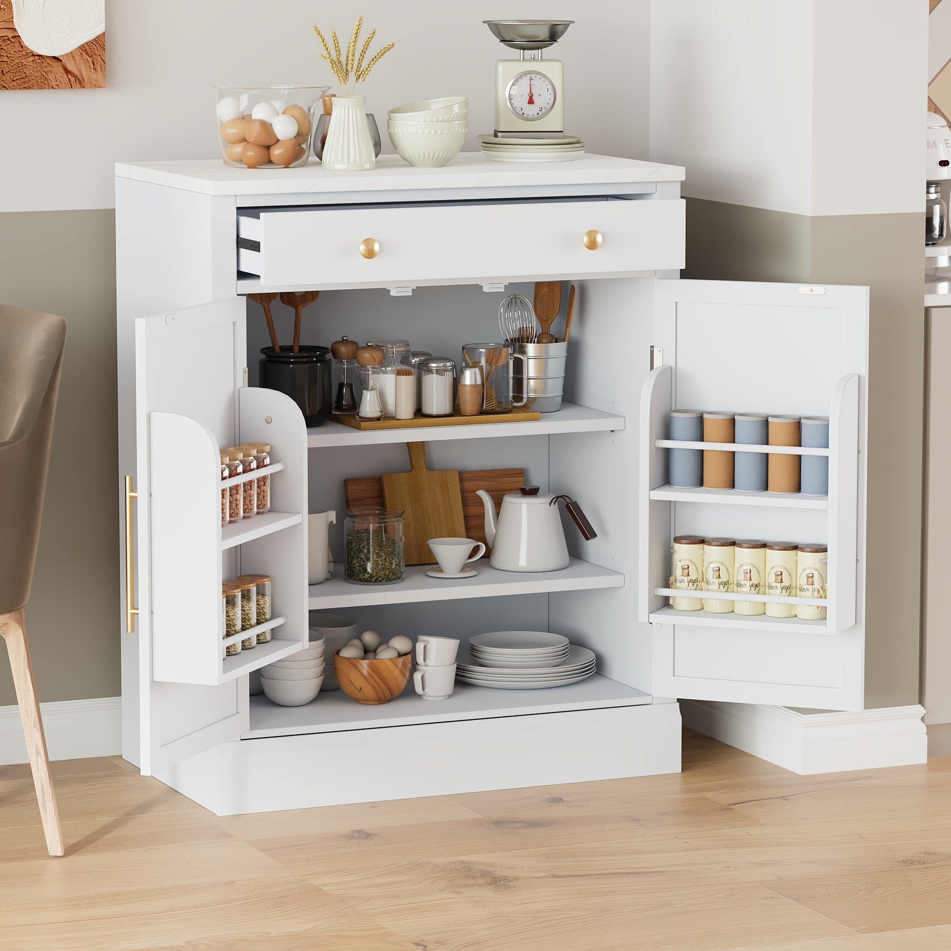 [Assembly Video Provided] TOPMAX Modern Freestanding Kitchen Pantry,Buffet Food Storage, Coffee Bar Cabinet with Drawer, 2 Adjustable Shelves and 2 Door Shelves for Dining, Kitchen, White