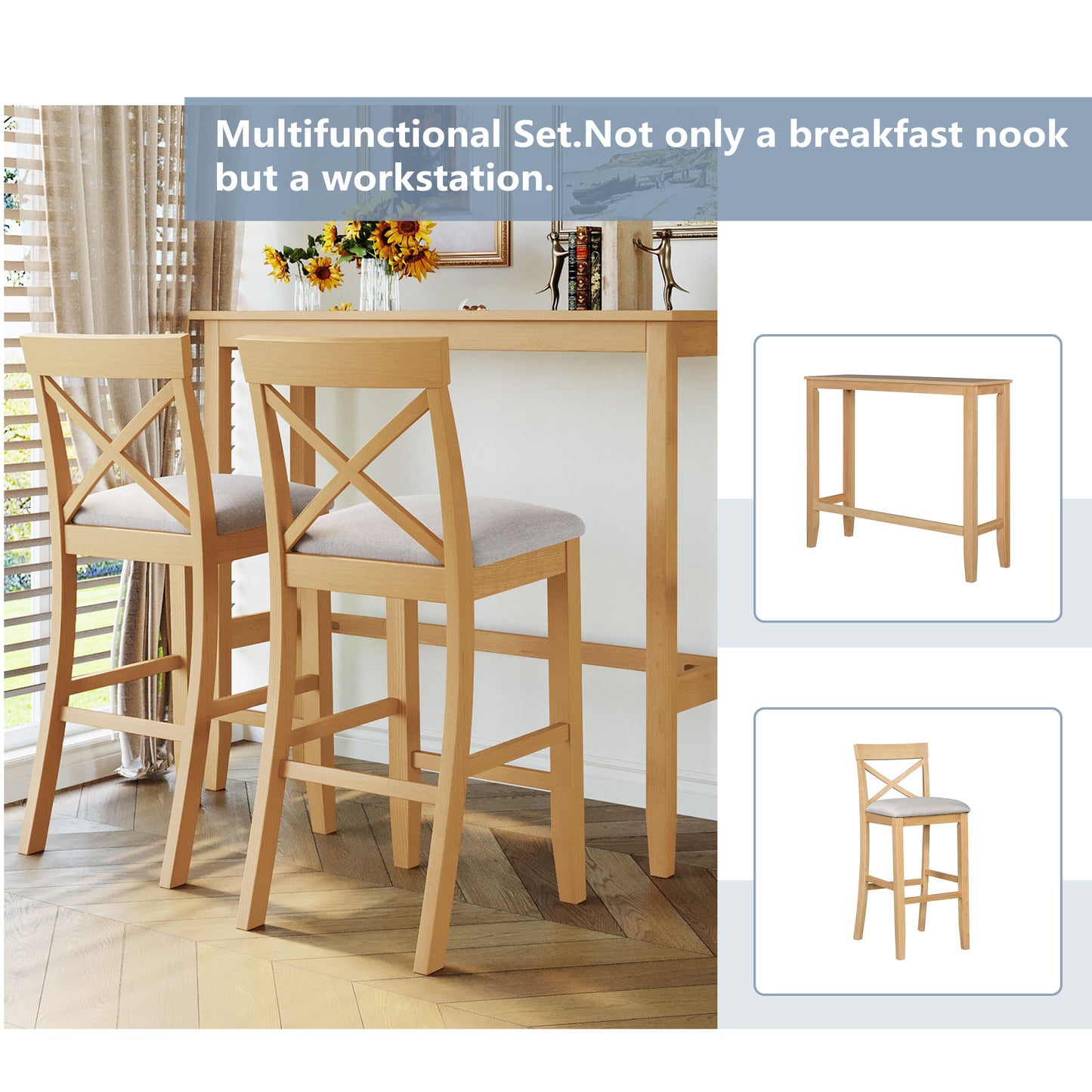 Acacia Wood Rectangular Dining Table Set with 2 Chairs