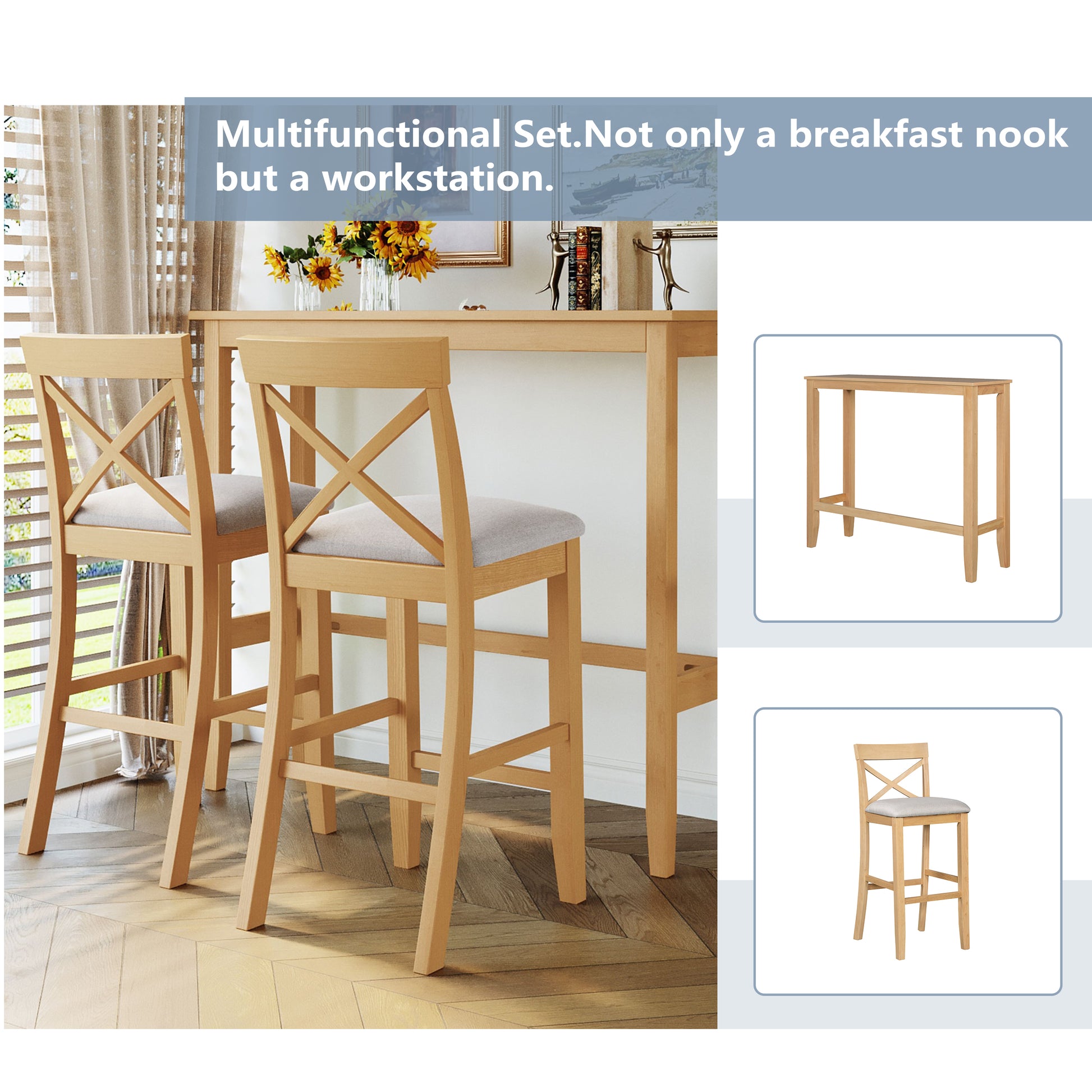 Acacia Wood Rectangular Dining Table Set with 2 Chairs