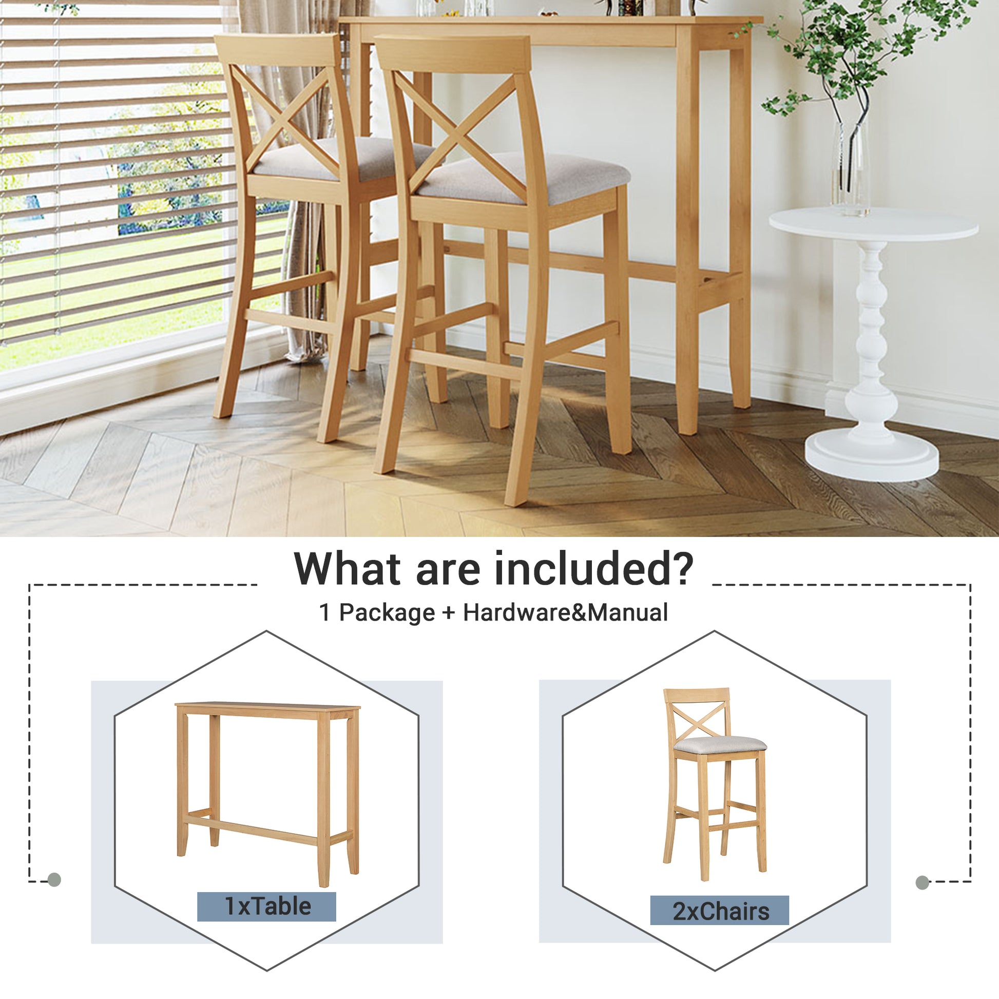 Acacia Wood Rectangular Dining Table Set with 2 Chairs